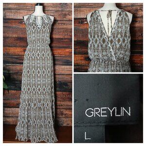 Greylin Maxi Dress Size L Boho Beaded Tiered Keyhole Low Back Lined Chiffon Full